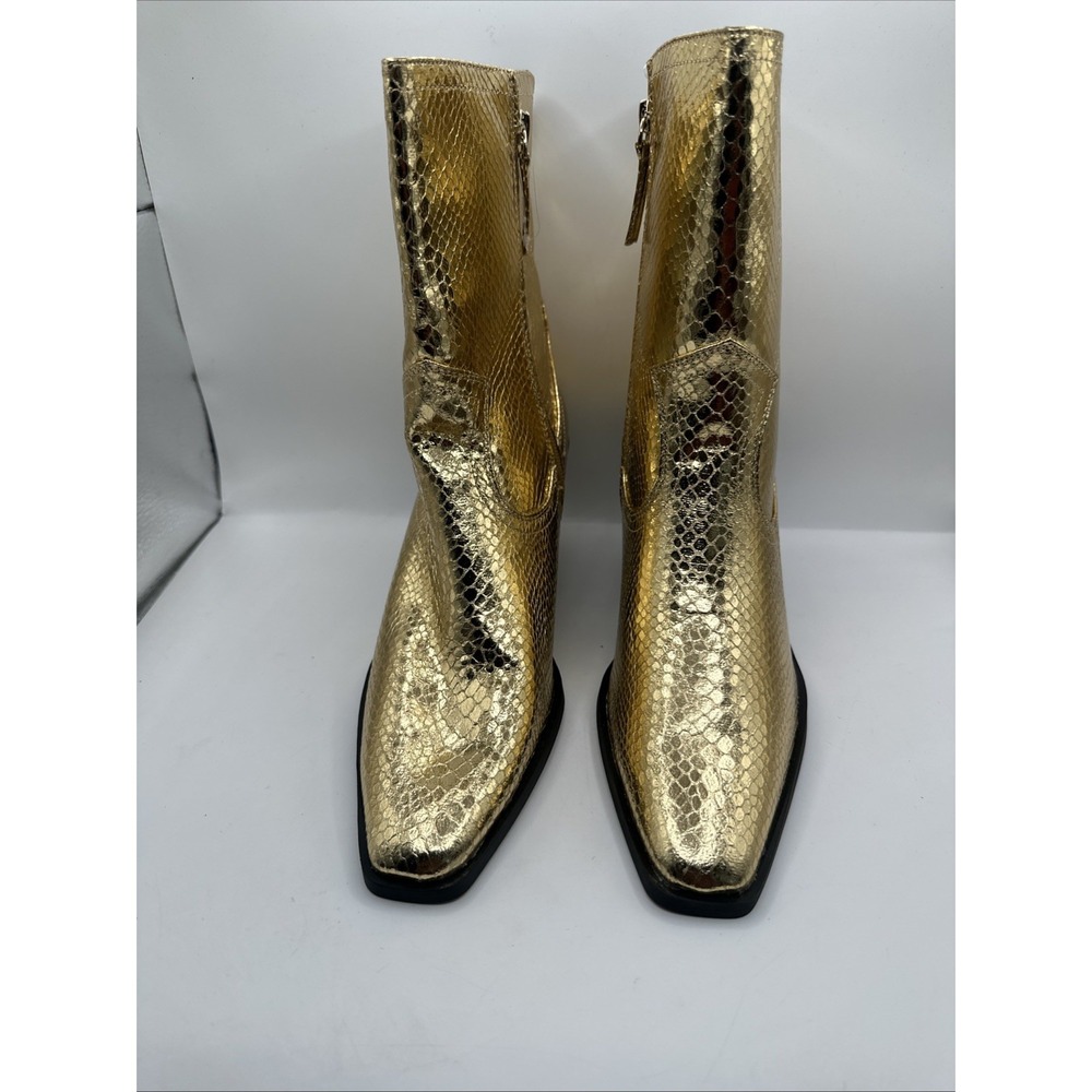 NEW Scoop Shiny Gold Metallic Snake Print Ankle Booties Chunky Heel Size 10 - Picture 2 of 11